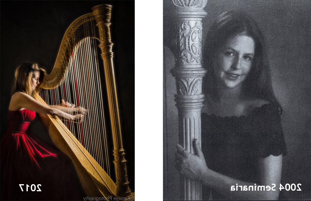Casey's picture from the 2004 Seminaria yearbook 和 2017 harp performance